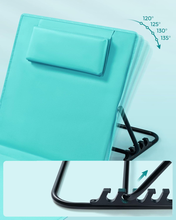 Set 2 sezlonguri plaja pliabile, spatar reglabil 4 pozitii, perna si buzunar incluse, otel galvanizat, max 150 kg, 158x55 cm, albastru turqoise [5]