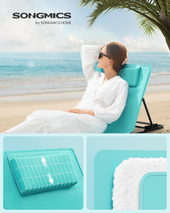 Set 2 sezlonguri plaja pliabile, spatar reglabil 4 pozitii, perna si buzunar incluse, otel galvanizat, max 150 kg, 158x55 cm, albastru turqoise [4]