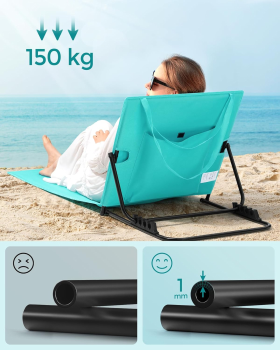 Set 2 sezlonguri plaja pliabile, spatar reglabil 4 pozitii, perna si buzunar incluse, otel galvanizat, max 150 kg, 158x55 cm, albastru turqoise [6]