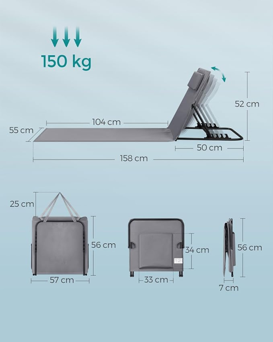 Set 2 sezlonguri plaja pliabile, spatar reglabil in 4 pozitii, tetiera, buzunar depozitare, 158x55 cm, gri [6]