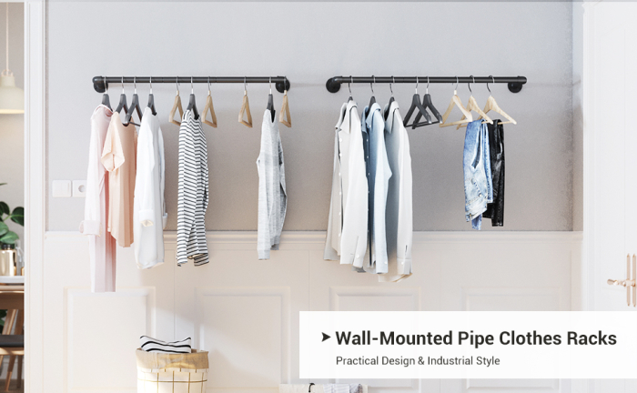 SONGMICS Set 2 sine metalice de agatat haine, montare pe perete, aspect industrial, 92x30x8cm, negru [8]