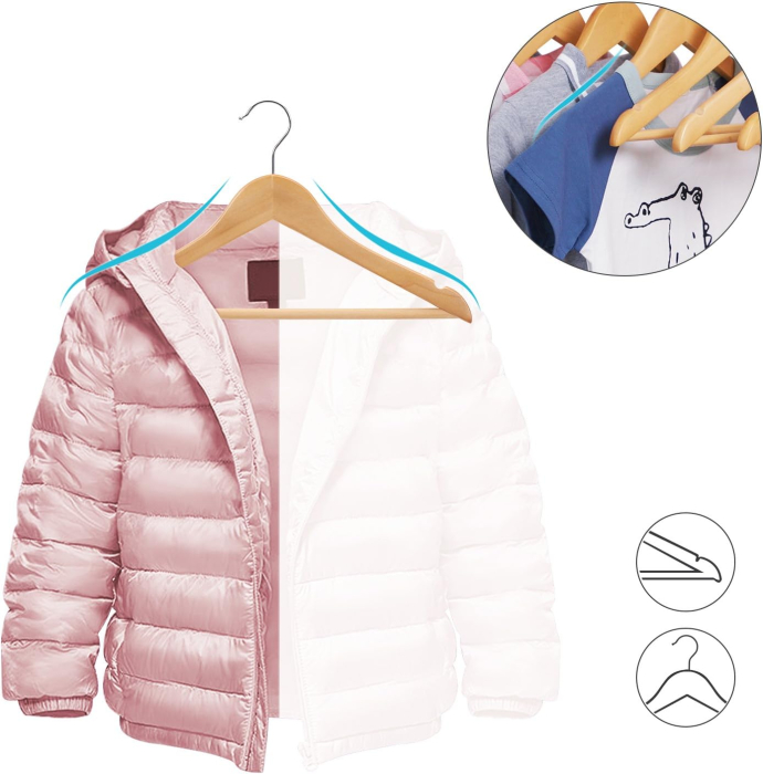 Set 20 umerase pentru organizarea hainelor copiilor de 7-12 ani, lemn masiv de artar, forma adaptata hainelor mici, bara pentru pantaloni si [4]
