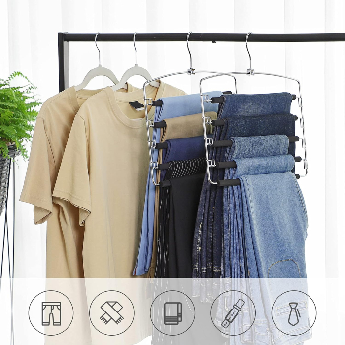 Set 3 umerase multifunctionale pentru pantaloni cu 5 bare rotative la 90° fiecare pentru economisirea spatiului in dulap, protectie antialune [5]
