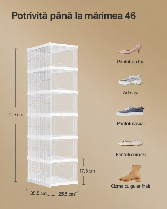 Set 6 cutii pliabile pentru pantofi, organizator modular transparent, constructie rezistenta PP, 36x26x105 cm, alb [4]