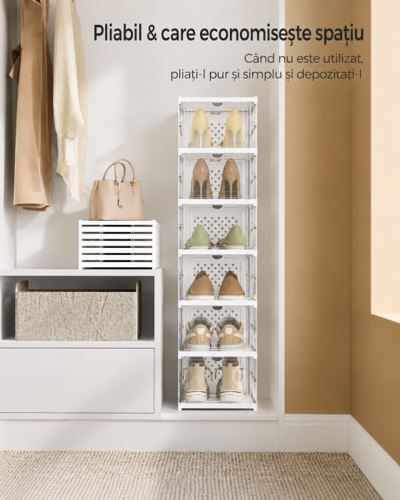 Set 6 cutii pliabile pentru pantofi, organizator modular transparent, constructie rezistenta PP, 36x26x105 cm, alb [6]