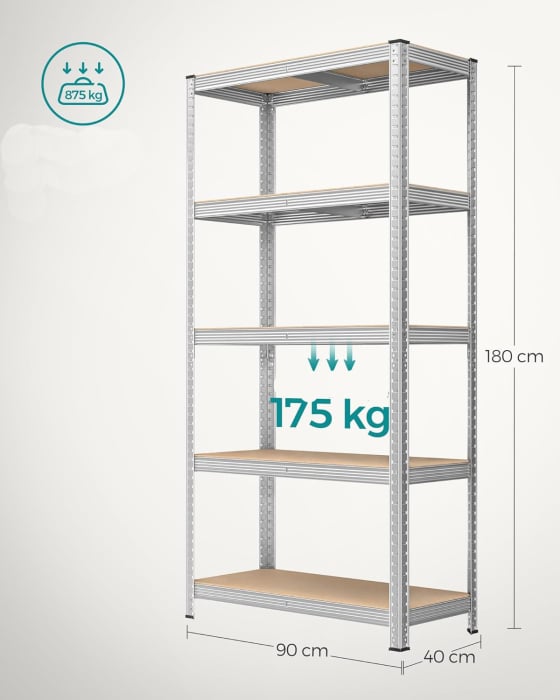 SONGMICS Set de 2 Rafturi de depozitare, cadru din otel armat, polite din MDF, max 2x875kg, 180x90x40cm, gri [2]