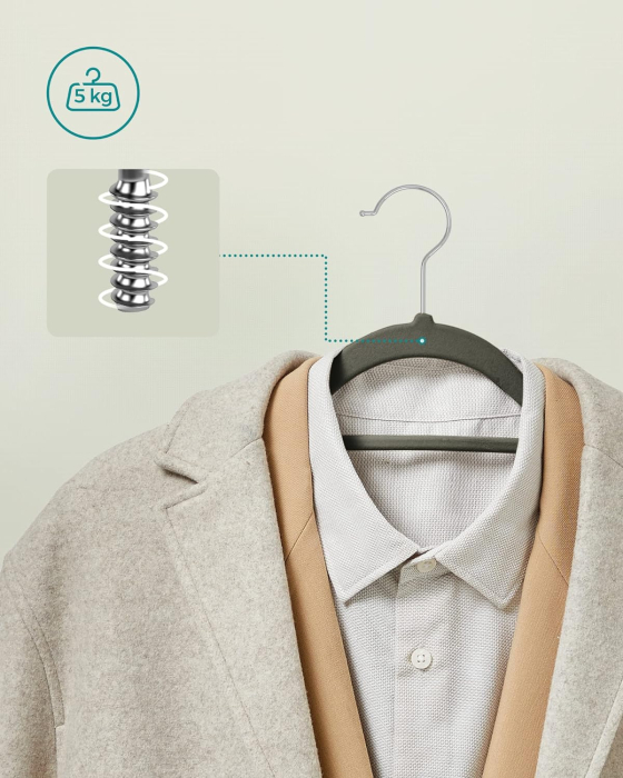 SONGMICS Set de 20 de umerase pentru haine, anti-alunecare cu catifea, bara de cravata si carlig pivotant, 43,5 cm, gri [5]