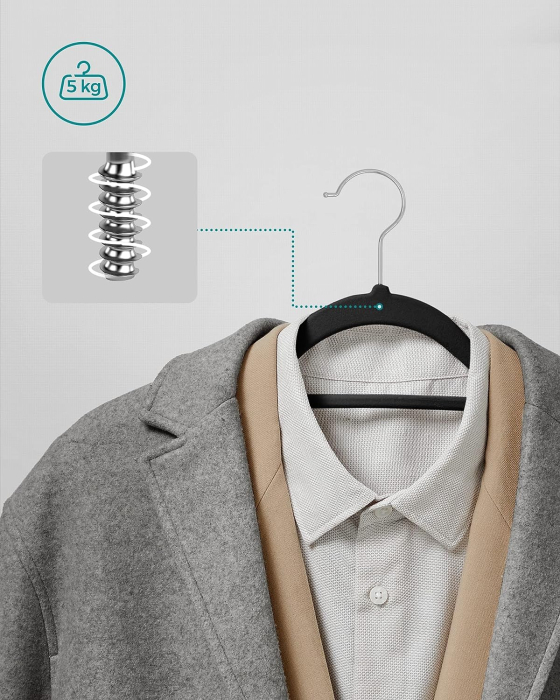 SONGMICS Set de 20 de umerase pentru haine, anti-alunecare cu catifea, bara de cravata si carlig pivotant, 43,5 cm, negru [4]