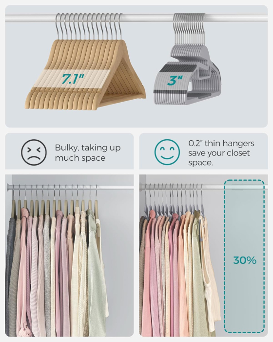 Set de 20 de umerase subtiri din plastic, antialunecare, cu deschidere U, carlige rotative 360Â°, 42 cm, gri [6]