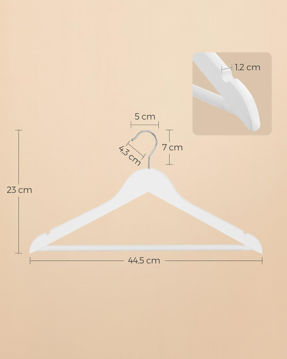 SONGMICS Set de 20 umerase din lemn, cu bara anti-alunecare pentru pantaloni, carlig pivotant la 360°, 45cm, alb [6]