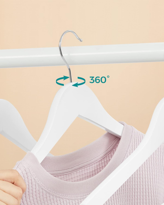 SONGMICS Set de 20 umerase din lemn, cu bara anti-alunecare pentru pantaloni, carlig pivotant la 360°, 45cm, alb [5]