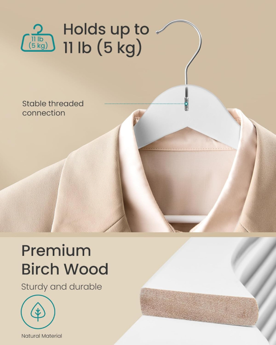 Set de 30 de umerase din lemn, carlige rotative 360°, cu bara pentru pantaloni, 43 cm, alb [2]