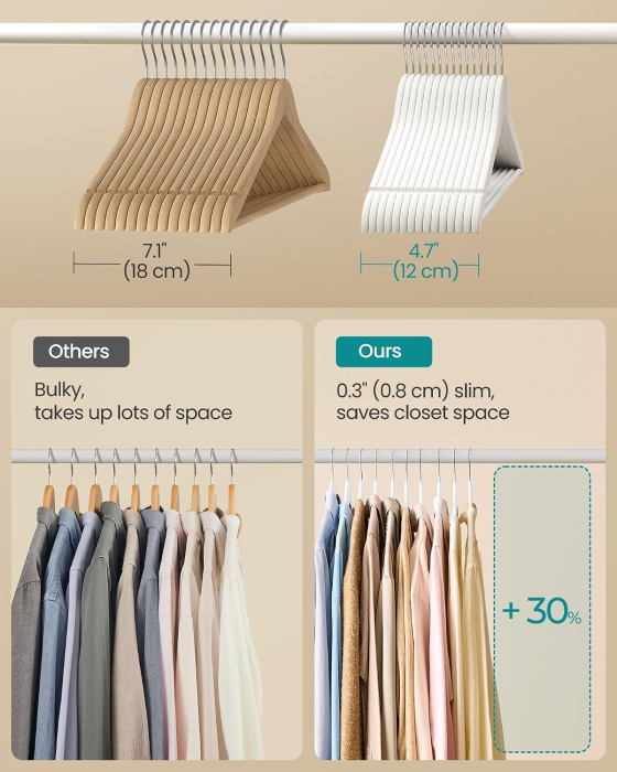 Set de 30 de umerase din lemn, carlige rotative 360°, cu bara pentru pantaloni, 43 cm, alb [5]