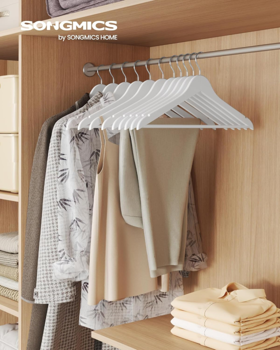 Set de 30 de umerase din lemn, carlige rotative 360°, cu bara pentru pantaloni, 43 cm, alb [6]