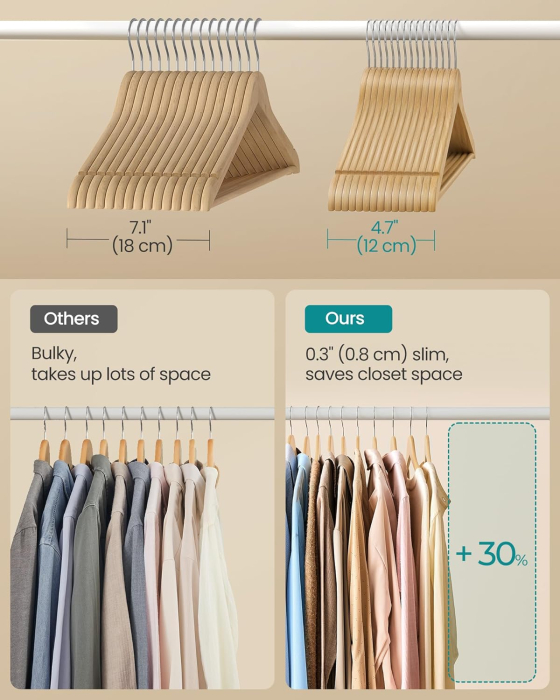 Set de 30 de umerase din lemn, carlige rotative 360Â°, cu bara pentru pantaloni, 43 cm, natur [7]