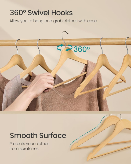 Set de 30 de umerase din lemn, carlige rotative 360Â°, cu bara pentru pantaloni, 43 cm, natur [4]