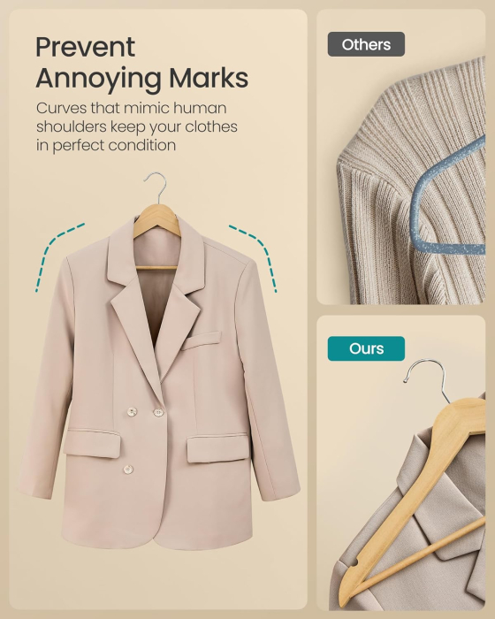 Set de 30 de umerase din lemn, carlige rotative 360Â°, cu bara pentru pantaloni, 43 cm, natur [3]