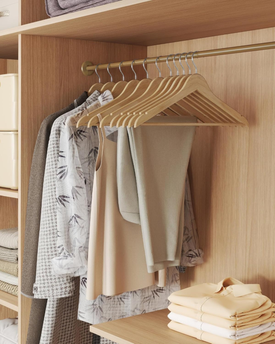 Set de 30 de umerase din lemn, carlige rotative 360Â°, cu bara pentru pantaloni, 43 cm, natur [6]