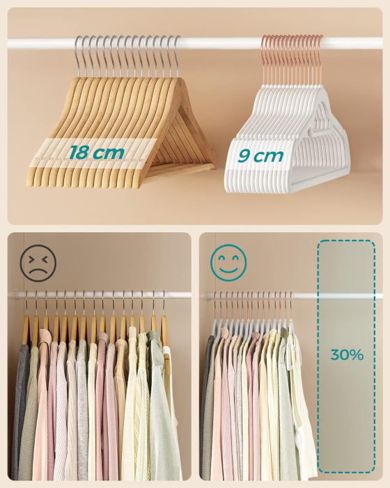 Set de 50 de umerase pentru haine, anti-alunecare cu catifea, bara de cravata si carlig pivotant, 43,5 cm, alb [5]