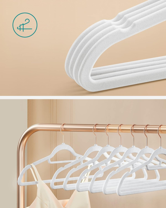 Set de 50 de umerase pentru haine, anti-alunecare cu catifea, bara de cravata si carlig pivotant, 43,5 cm, alb [3]