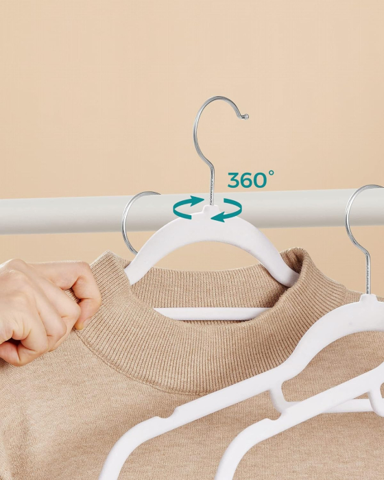 SONGMICS Set de 50 de umerase pentru haine, anti-alunecare cu catifea, bara de cravata si carlig pivotant, 43,5 cm, alb [9]