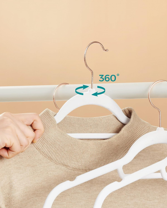 Set de 50 de umerase pentru haine, anti-alunecare cu catifea, bara de cravata si carlig pivotant, 43,5 cm, alb [6]