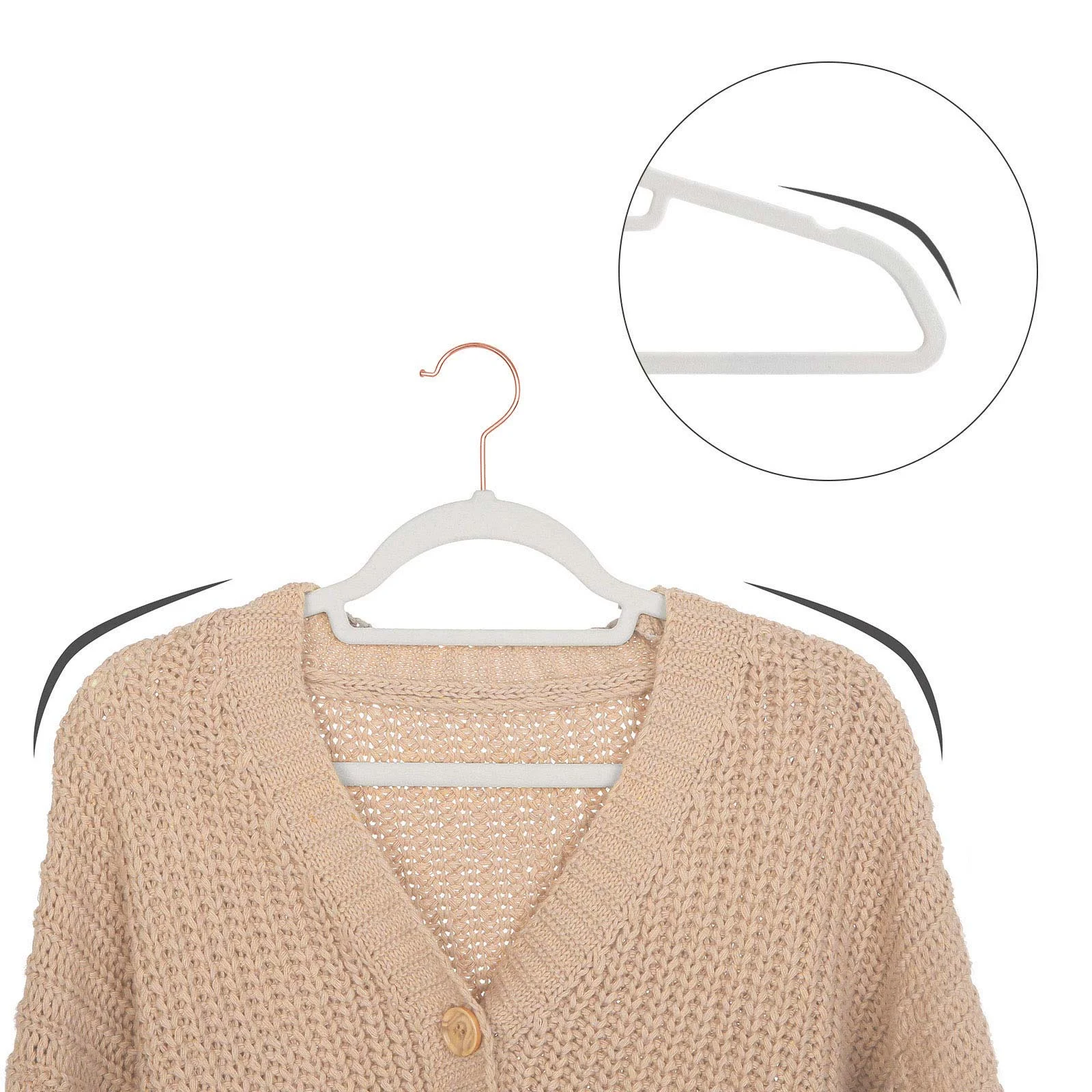 Set de 50 de umerase pentru haine, anti-alunecare cu catifea, bara de cravata si carlig pivotant, 43,5 cm, alb [10]