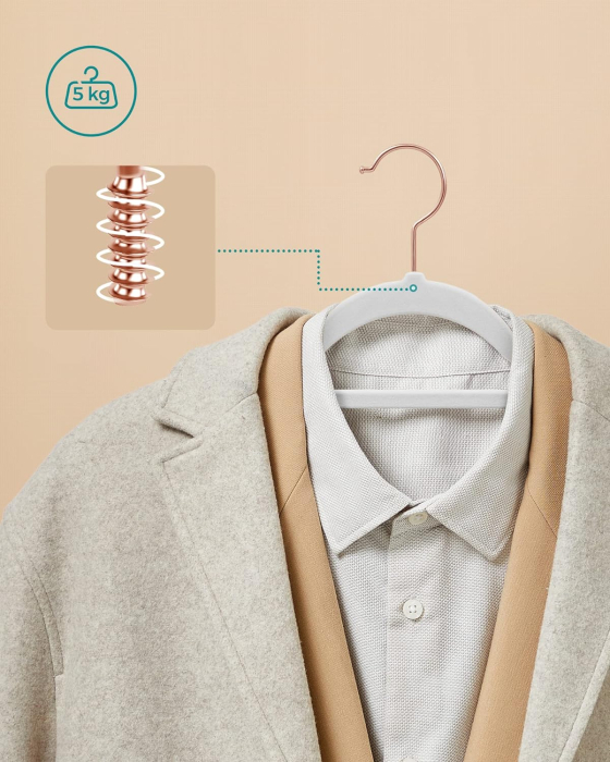 Set de 50 de umerase pentru haine, anti-alunecare cu catifea, bara de cravata si carlig pivotant, 43,5 cm, alb [4]