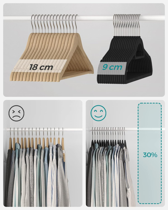 SONGMICS Set de 50 de umerase pentru haine, anti-alunecare cu catifea, bara de cravata si carlig pivotant, 43,5 cm, negru [6]