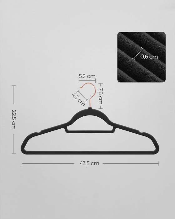 Set de 50 de umerase pentru haine, anti-alunecare cu catifea, bara de cravata si carlig pivotant, 43,5 cm, negru [2]