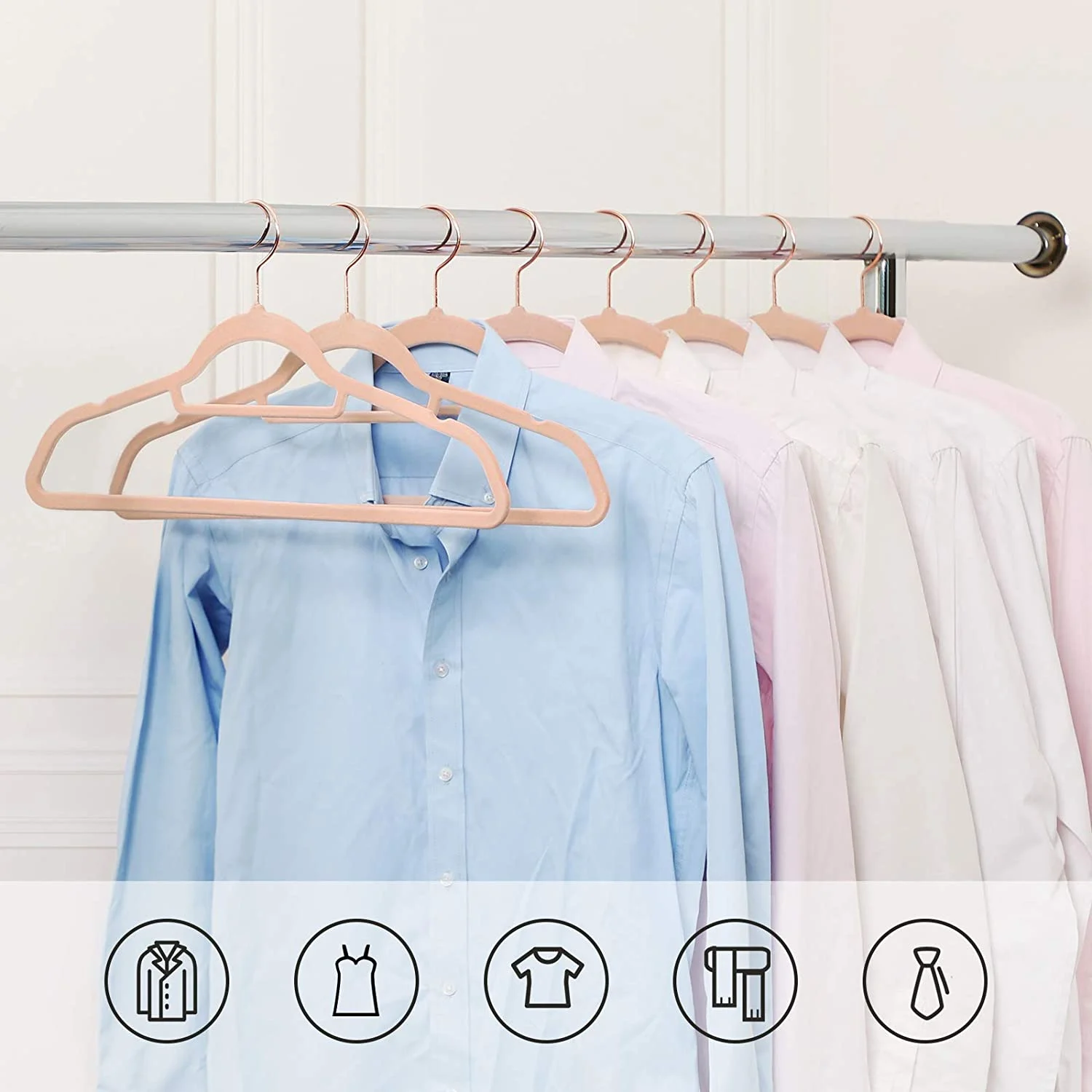 SONGMICS Set de 50 de umerase pentru haine, anti-alunecare cu catifea, bara de cravata si carlig pivotant, 43,5 cm, roz [9]