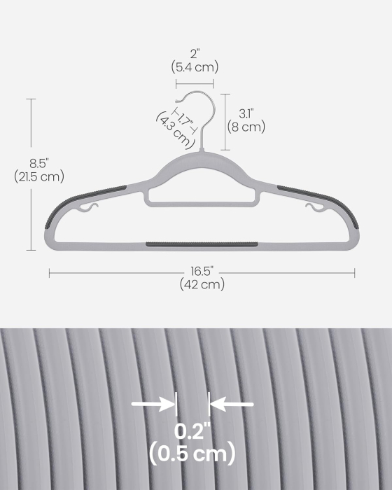 Set de 50 de umerase subtiri din plastic, antialunecare, cu deschidere U, carlige rotative 360Â°, 42 cm, gri [2]