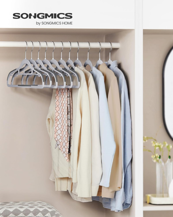 Set de 50 de umerase subtiri din plastic, antialunecare, cu deschidere U, carlige rotative 360Â°, 42 cm, gri [5]