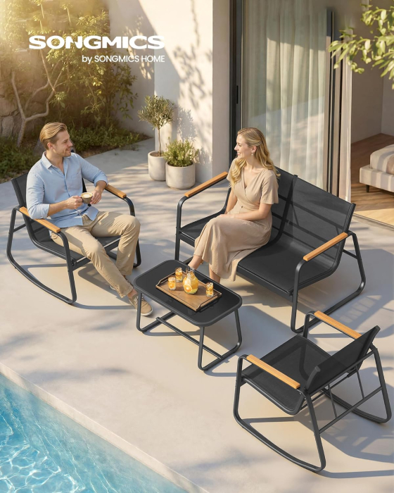 Set mobilier gradina 4 locuri, 2 scaune balansoar, canapea si masa, cadru metalic, negru [5]