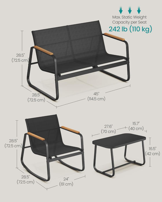 Set mobilier gradina 4 locuri, 2 scaune balansoar, canapea si masa, cadru metalic, negru [6]