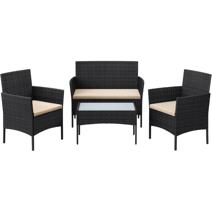 Set mobilier gradina 4 locuri, canapea, 2 scaune si masa cu sticla, ratan PE, negru [2]