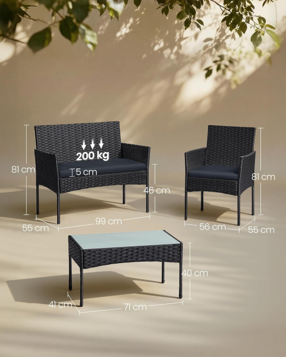 Set mobilier gradina 4 locuri, canapea, 2 scaune si masa cu sticla, ratan PE, negru si gri [7]