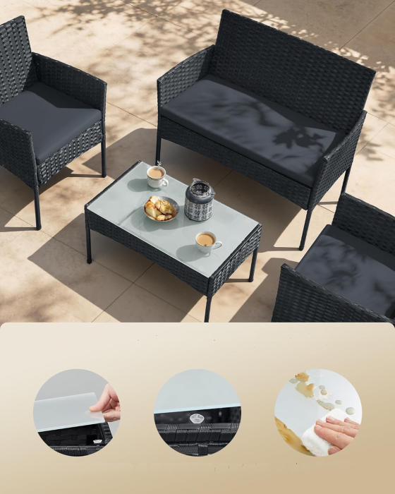 Set mobilier gradina 4 locuri, canapea, 2 scaune si masa cu sticla, ratan PE, negru si gri [4]
