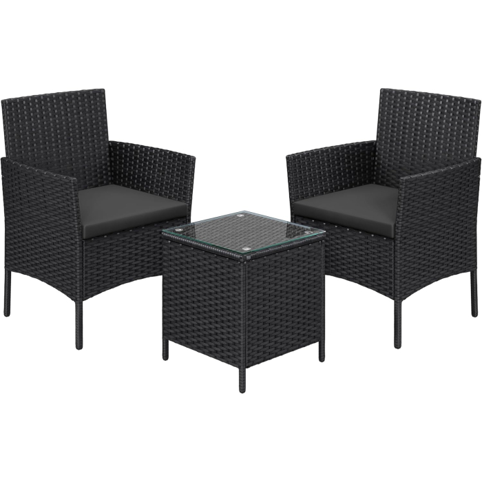 Set mobilier gradina cu 2 locuri, 2 scaune si masa cu sticla, ratan PE, negru si gri [8]