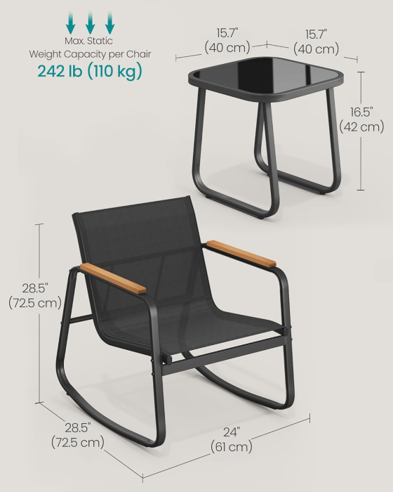 Set mobilier gradina cu 2 scaune balansoar si masa, cadru metalic, negru [3]