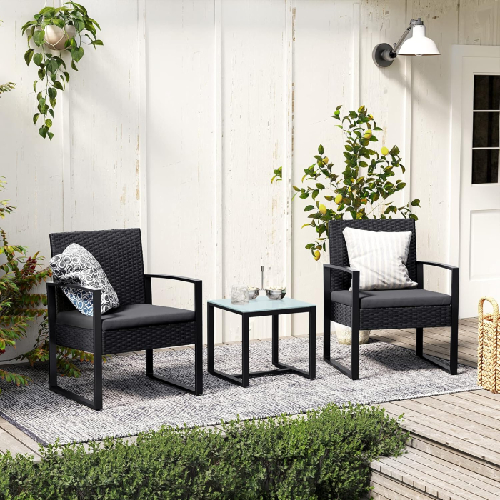 Set mobilier pentru gradina cu 2 scaune cu perne si masuta, cadru metalic, impletitura PE, negru si gri [4]