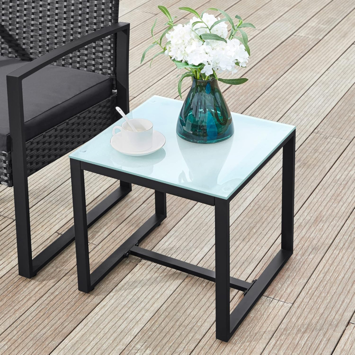 Set mobilier pentru gradina cu 2 scaune cu perne si masuta, cadru metalic, impletitura PE, negru si gri [6]