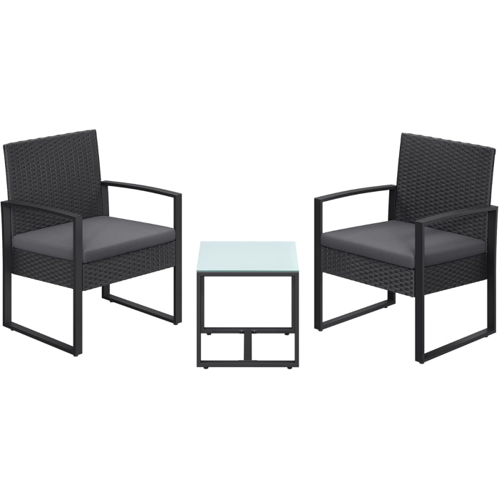 Set mobilier pentru gradina cu 2 scaune cu perne si masuta, cadru metalic, impletitura PE, negru si gri [9]