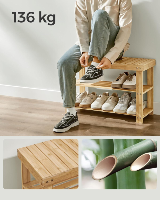 SONGMICS Set multifunctional pentru hol cu banca pentru pantofi si cuier, din bambus, 29x70x45 cm, maro natur [7]