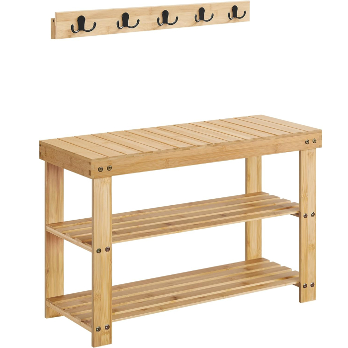 SONGMICS Set multifunctional pentru hol cu banca pentru pantofi si cuier, din bambus, 29x70x45 cm, maro natur [1]
