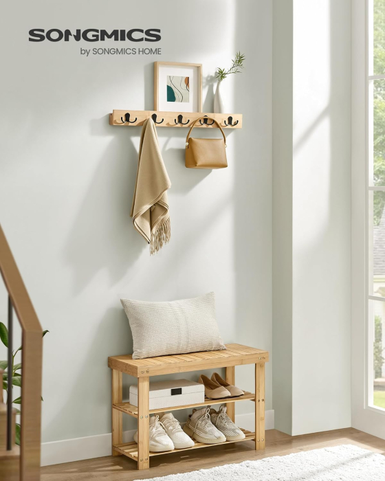 SONGMICS Set multifunctional pentru hol cu banca pentru pantofi si cuier, din bambus, 29x70x45 cm, maro natur [3]