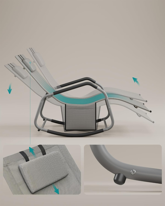 Sezlong balansoar gradina, cu tetiera reglabila si buzunar lateral, cadru otel, maxim 150 kg, 151x56x97 cm, gri [7]