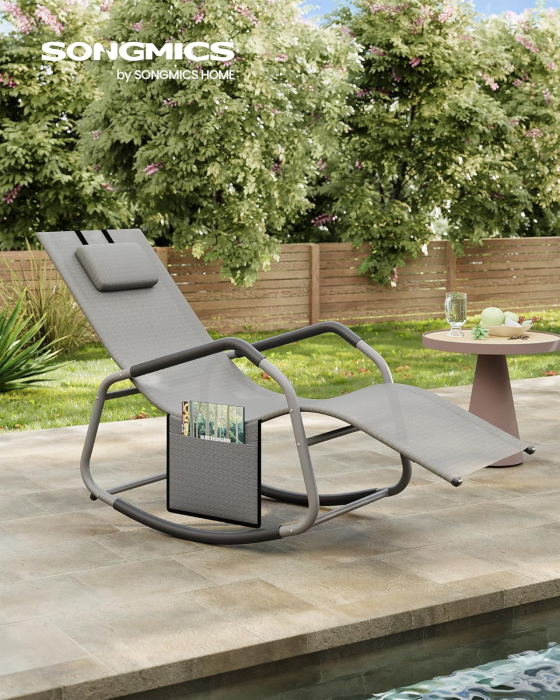 Sezlong balansoar gradina, cu tetiera reglabila si buzunar lateral, cadru otel, maxim 150 kg, 151x56x97 cm, gri [10]