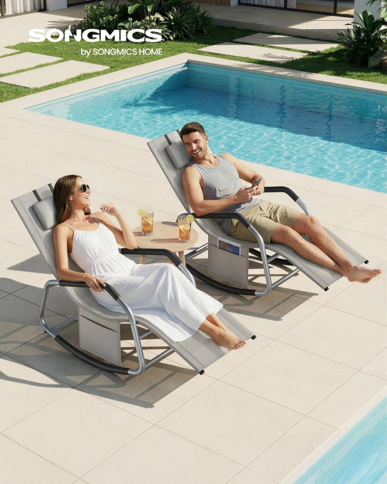Sezlong balansoar gradina, cu tetiera reglabila si buzunar lateral, cadru otel, maxim 150 kg, 151x56x97 cm, gri [8]