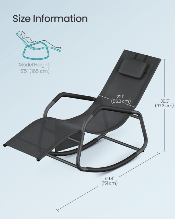 Sezlong balansoar gradina, cu tetiera reglabila si buzunar lateral, cadru otel, maxim 150 kg, 151x56x97 cm, negru [5]